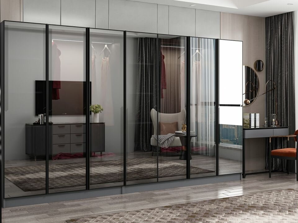 Nisa 7 Kapaklı 4 Çekmece Dolap Antrasit Reflekte Cam