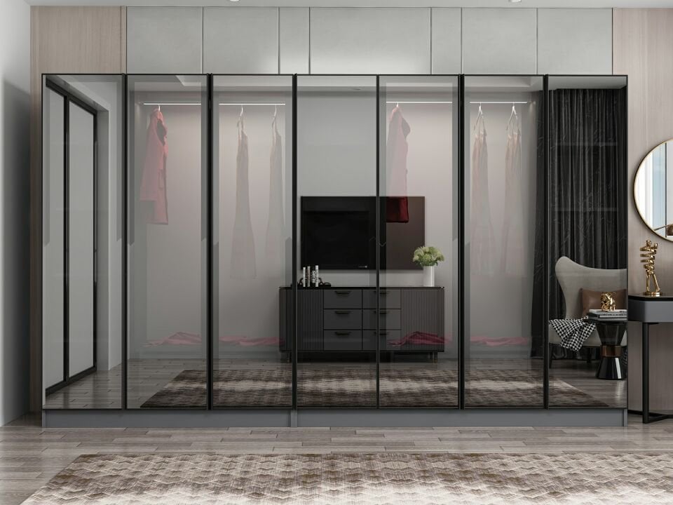 Nisa 7 Kapaklı 4 Çekmece Dolap Antrasit Reflekte Cam