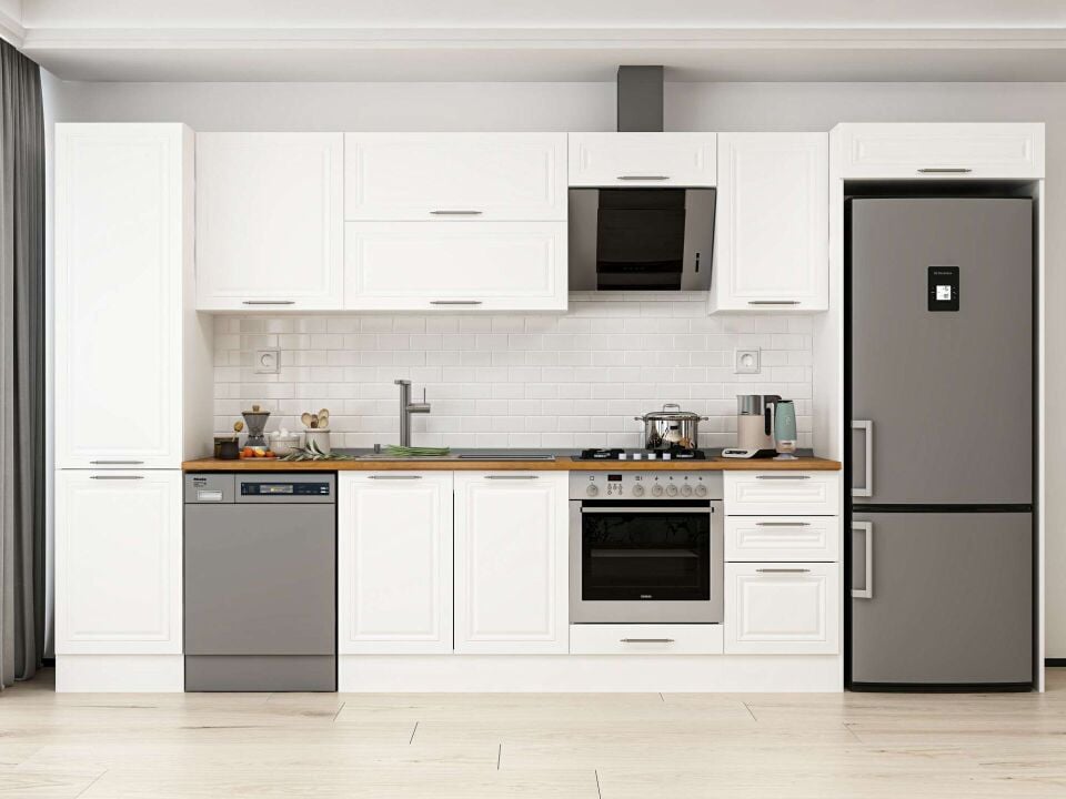 Alvinka 375X222 Cm Klasik Mebran Mutfak Dolabı Beyaz Beyaz Mbb-E80B50S45-2