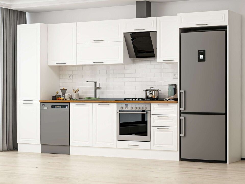 Alvinka 375X222 Cm Klasik Mebran Mutfak Dolabı Beyaz Beyaz Mbb-E80B50S45-2