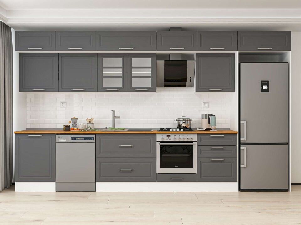 Alvinka 410X240 Cm Klasik Mebran Mutfak Dolabı Mb-E90S60S60-3 Mebran | Antrasit - Mdf