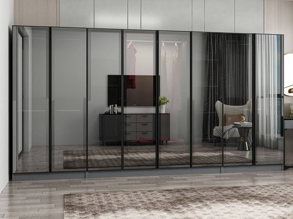 Nisa 8 Kapaklı 2 Çekmece Dolap Antrasit Reflekte Cam