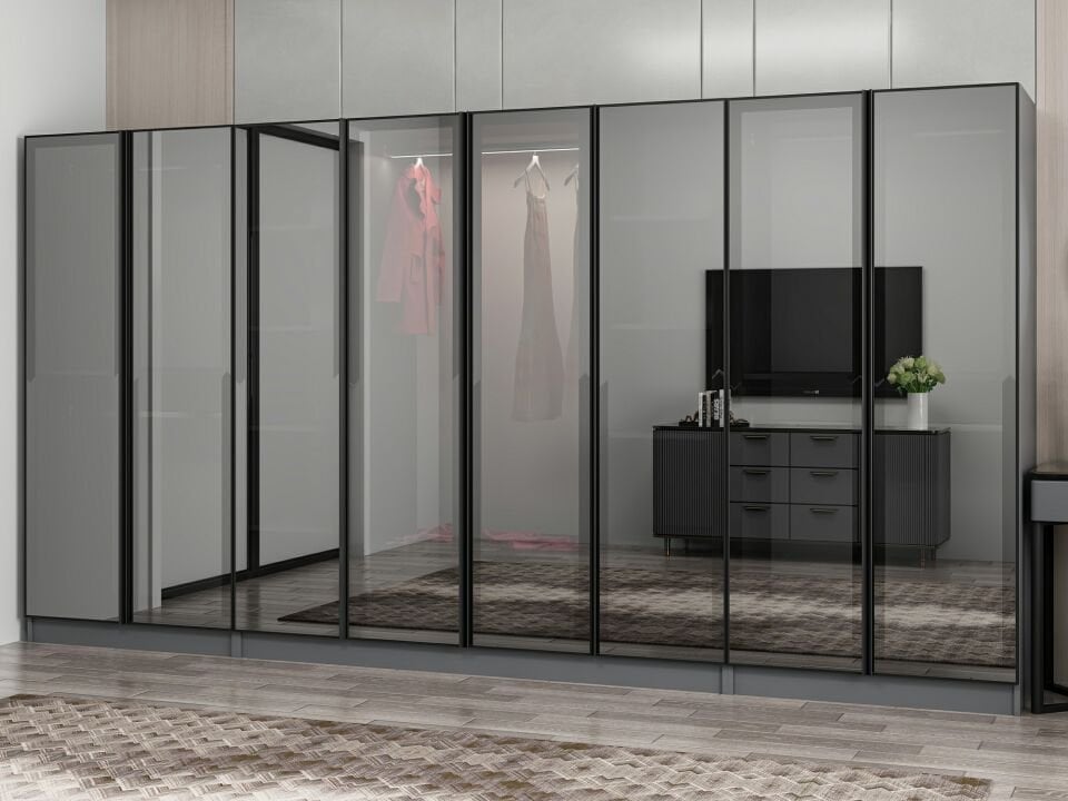 Nisa 8 Kapaklı 2 Çekmece Dolap Antrasit Reflekte Cam