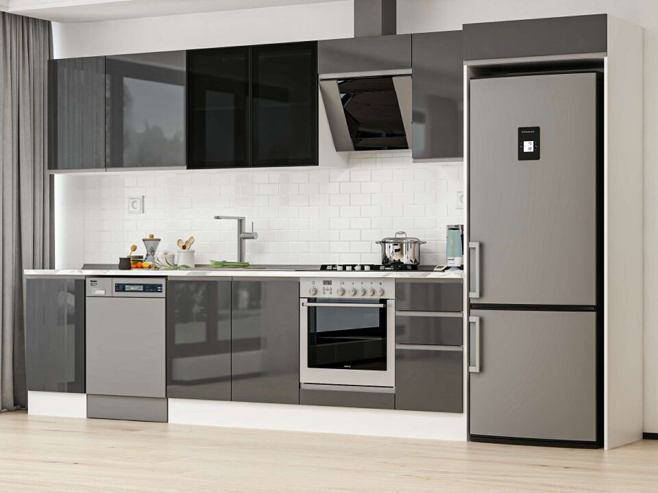 Alvinka 375X222 Cm High Gloss Mutfak Dolabı Mb-E90S45S40-3 High Gloss | Antrasit - Mdf