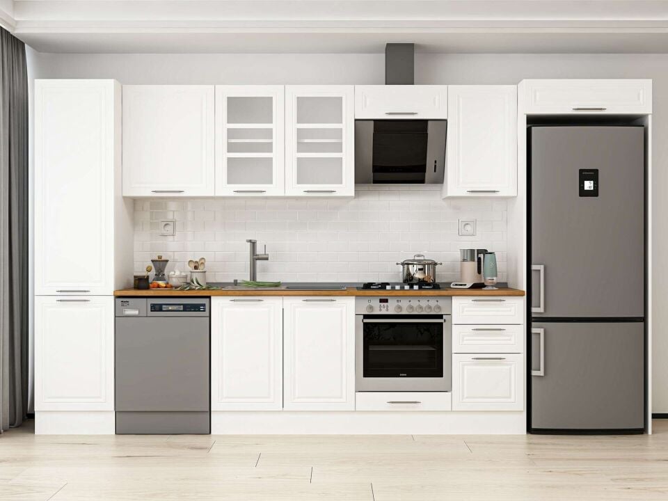 Alvinka 375X222 Cm Klasik Mebran Mutfak Dolabı Beyaz Beyaz Mbb-E80B50S45-3
