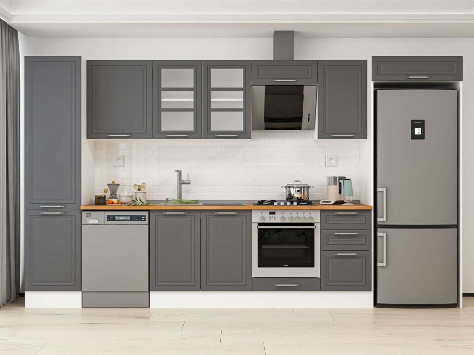 Alvinka 375X222 Cm Klasik Mebran Mutfak Dolabı Beyaz Beyaz Mbb-E80B50S45-3