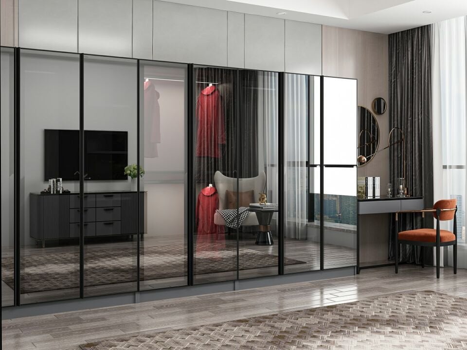 Nisa 8 Kapaklı 4 Çekmece Dolap Antrasit Reflekte Cam