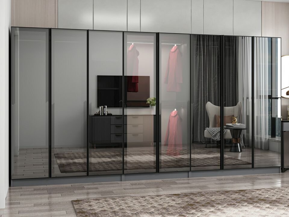 Nisa 8 Kapaklı 4 Çekmece Dolap Antrasit Reflekte Cam