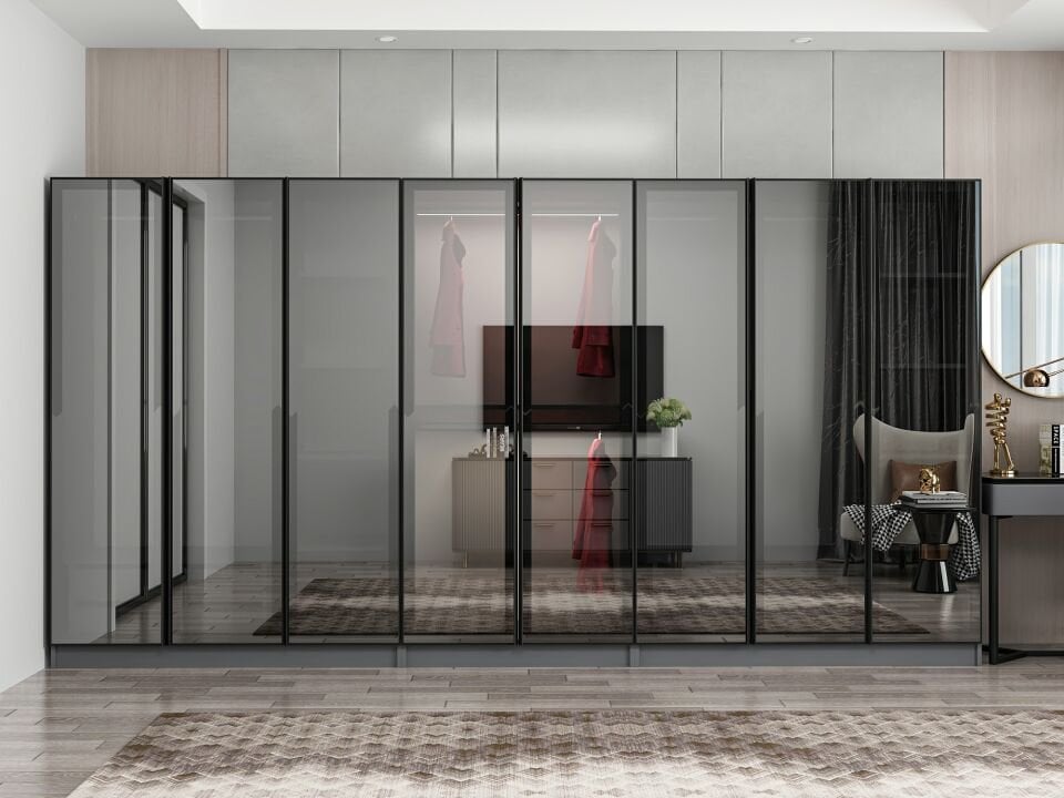 Nisa 8 Kapaklı 4 Çekmece Dolap Antrasit Reflekte Cam