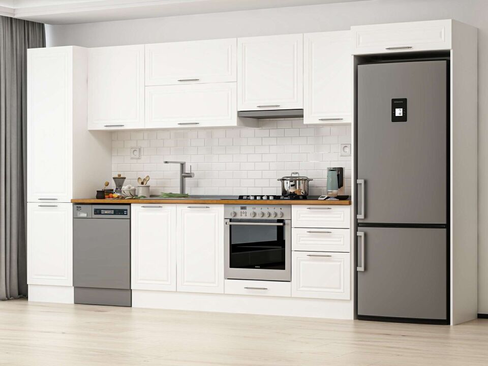 Alvinka 380X222 Cm Klasik Mebran Mutfak Dolabı Beyaz Beyaz Mbb-E80B50S50-1