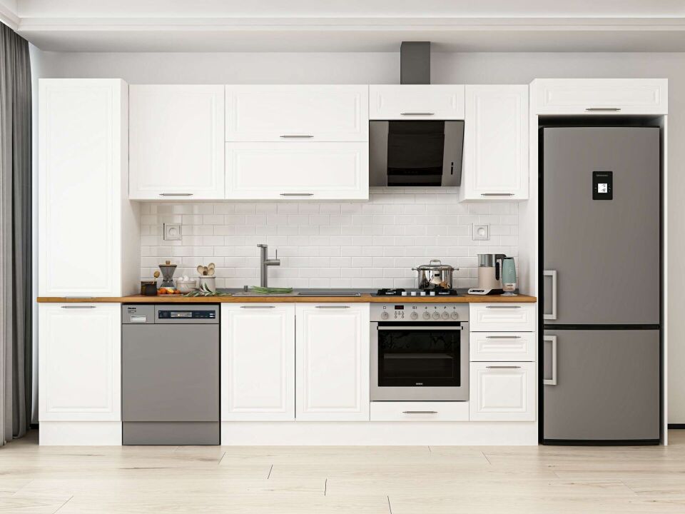 Alvinka 380X222 Cm Klasik Mebran Mutfak Dolabı Mbb-E90B50S40-2 Mebran | Beyaz - Mdf