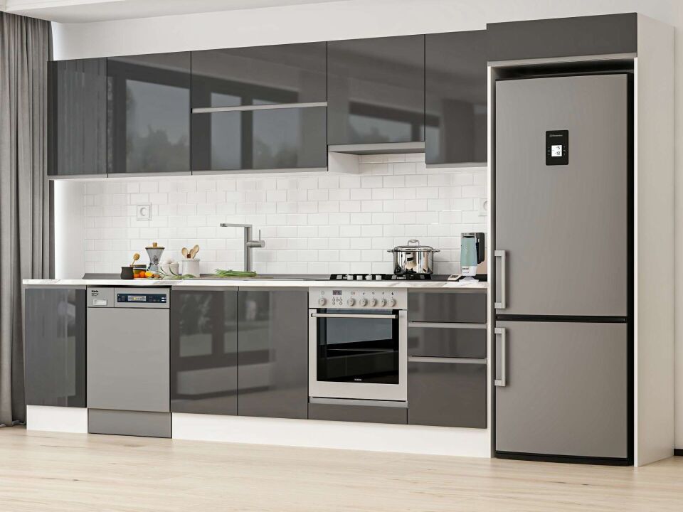 Alvinka 380X222 Cm High Gloss Mutfak Dolabı Mb-E90S45S45-1 High Gloss | Antrasit - Mdf
