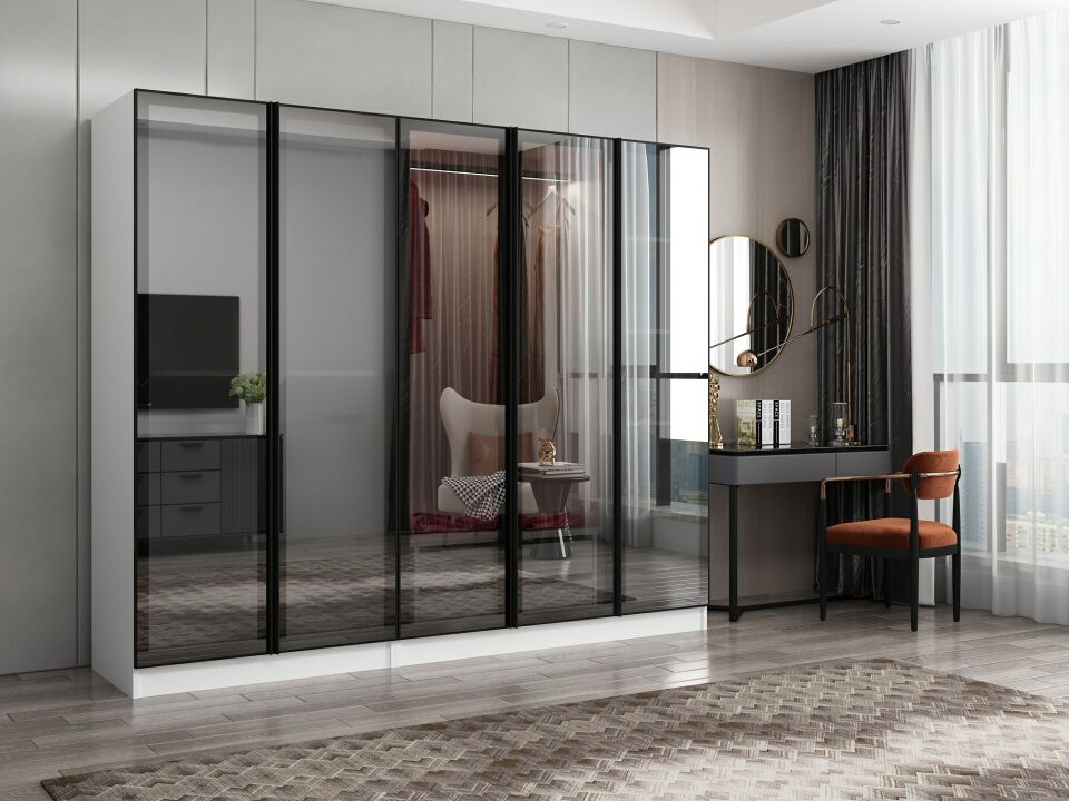 Nisa 5 Kapaklı 2 Çekmece Dolap Beyaz Reflekte Cam