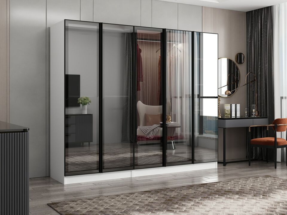 Nisa 5 Kapaklı 2 Çekmece Dolap Beyaz Reflekte Cam