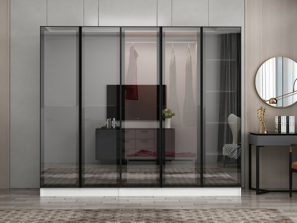 Nisa 5 Kapaklı 2 Çekmece Dolap Beyaz Reflekte Cam