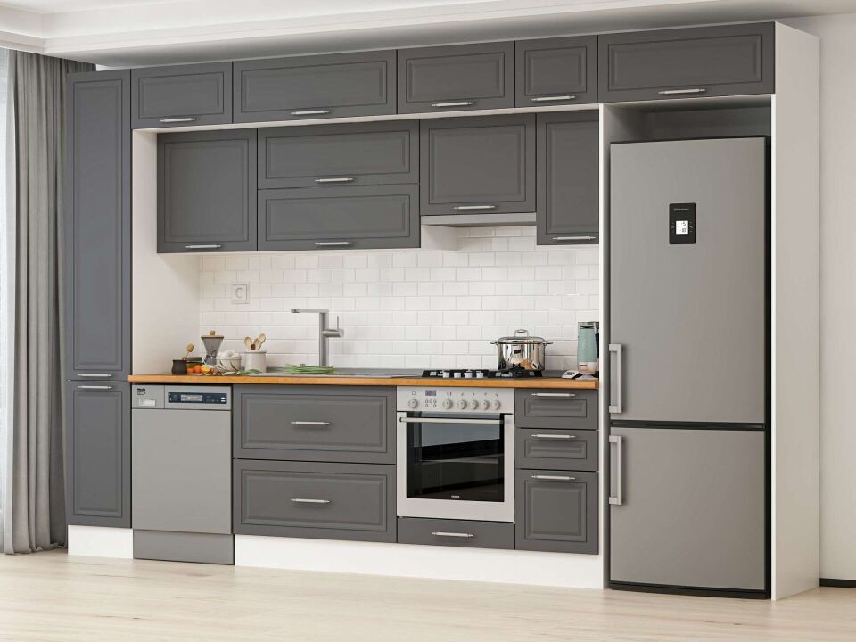 Alvinka 370X240 Cm Klasik Mebran Mutfak Dolabı Mbb-E90B40S40-1 Mebran | Antrasit - Mdf