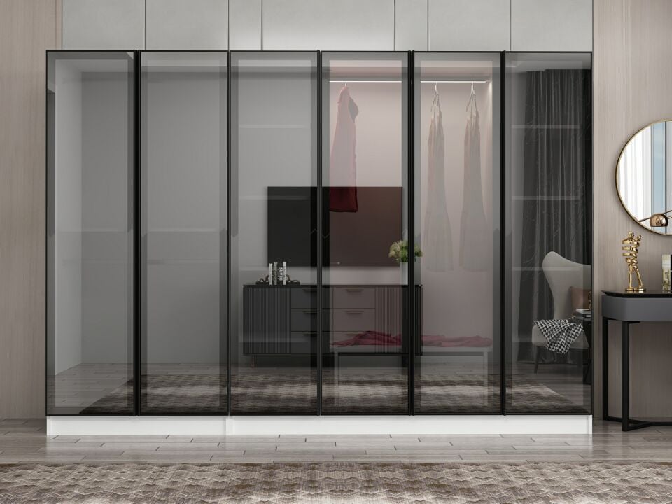 Nisa 6 Kapaklı 2 Çekmece Dolap Beyaz Reflekte Cam