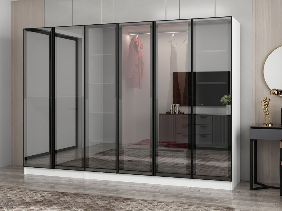 Nisa 6 Kapaklı 2 Çekmece Dolap Beyaz Reflekte Cam