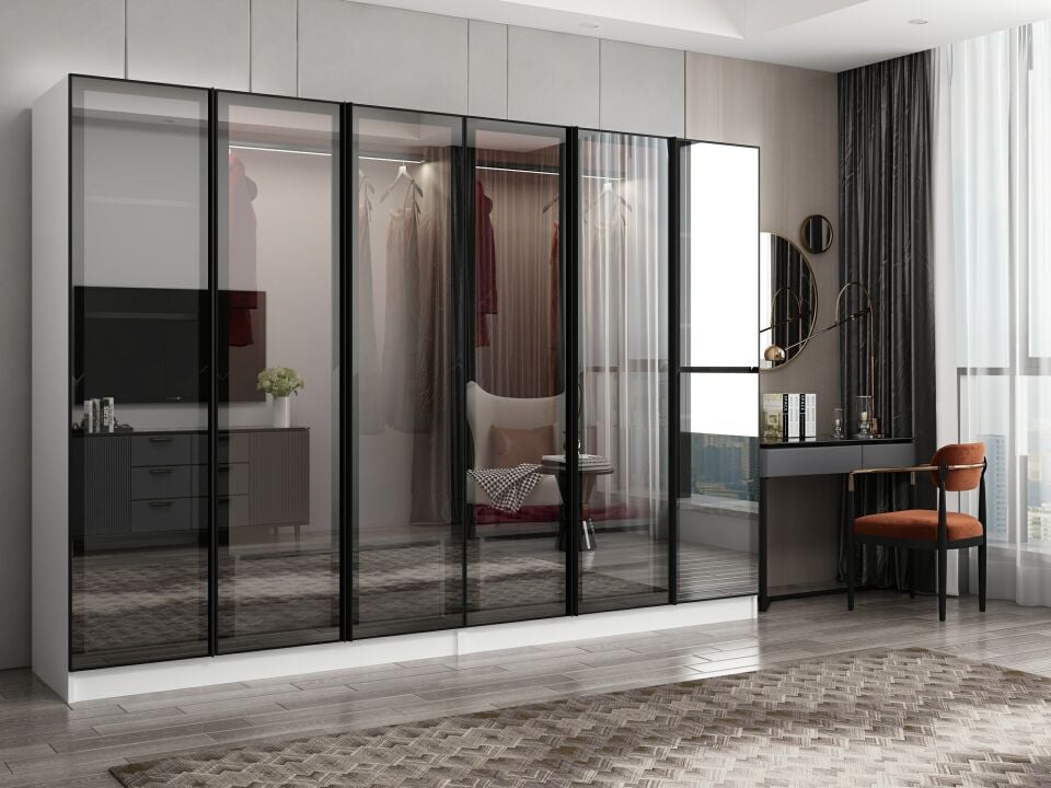 Nisa 6 Kapaklı 4 Çekmece Dolap Beyaz Reflekte Cam