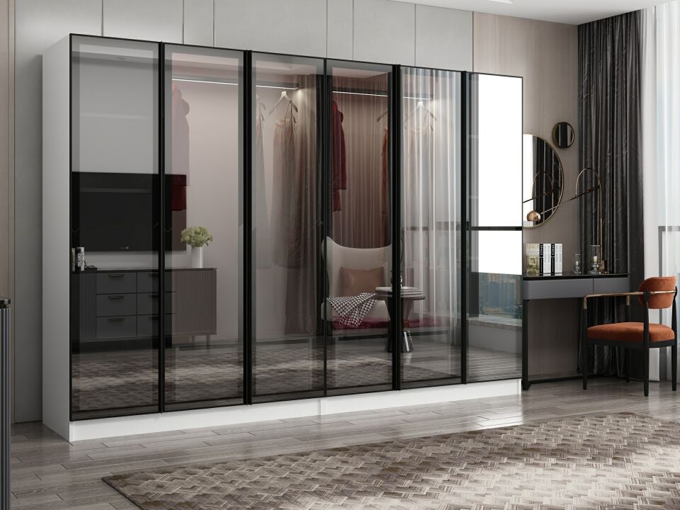 Nisa 6 Kapaklı 4 Çekmece Dolap Beyaz Reflekte Cam