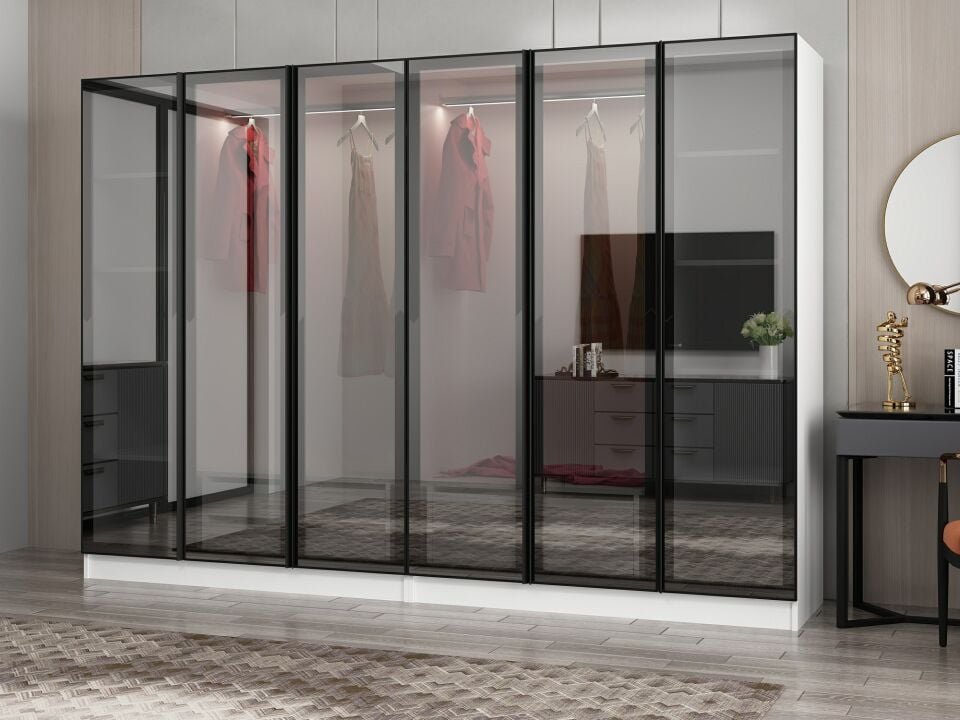 Nisa 6 Kapaklı 4 Çekmece Dolap Beyaz Reflekte Cam