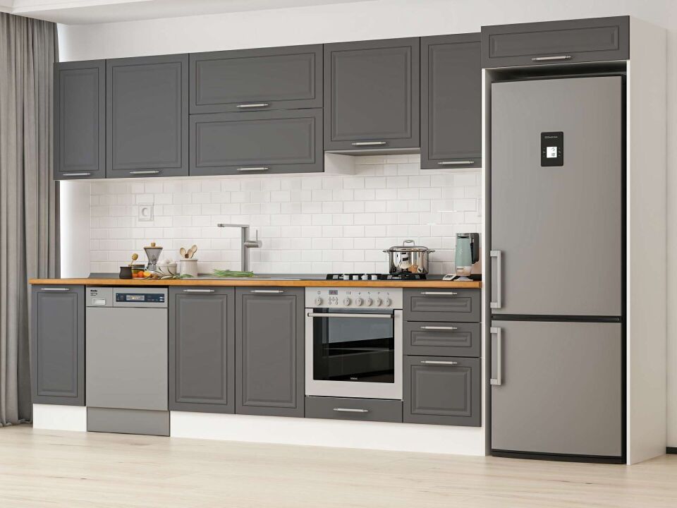 Alvinka 365X222 Cm Klasik Mebran Mutfak Dolabı Mb-E80S40S45-1 Mebran | Antrasit - Mdf