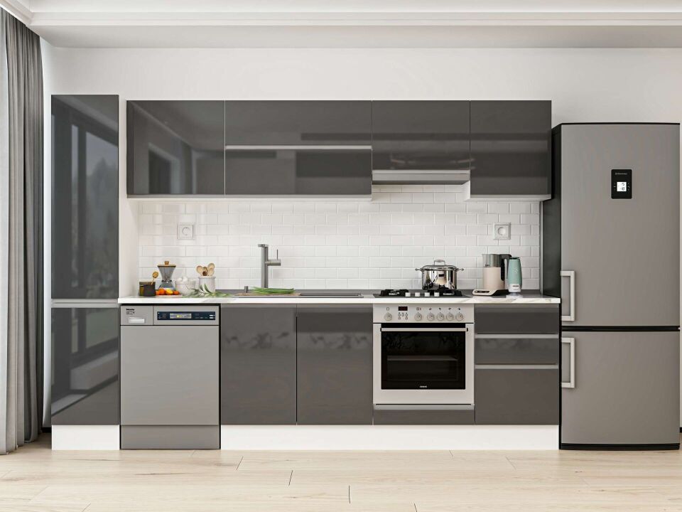 Alvinka 290X210 Cm High Gloss Mutfak Dolabı Mb-E80B40S50-1 High Gloss | Antrasit - Mdf