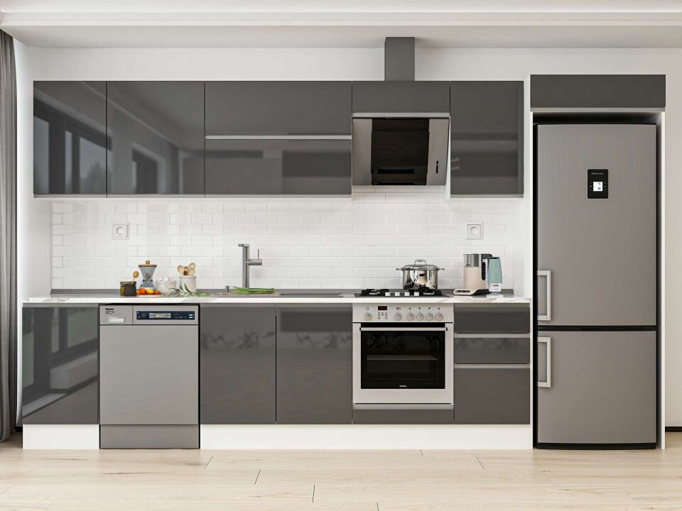 Alvinka 380X222 Cm High Gloss Mutfak Dolabı Mb-E90S45S45-2 High Gloss | Antrasit - Mdf