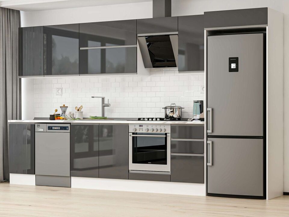 Alvinka 380X222 Cm High Gloss Mutfak Dolabı Mb-E90S45S45-2 High Gloss | Antrasit - Mdf