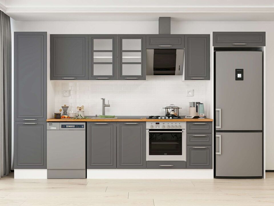 Alvinka 380X222 Cm Klasik Mebran Mutfak Dolabı Mbb-E90B50S40-3 Mebran | Antrasit - Mdf