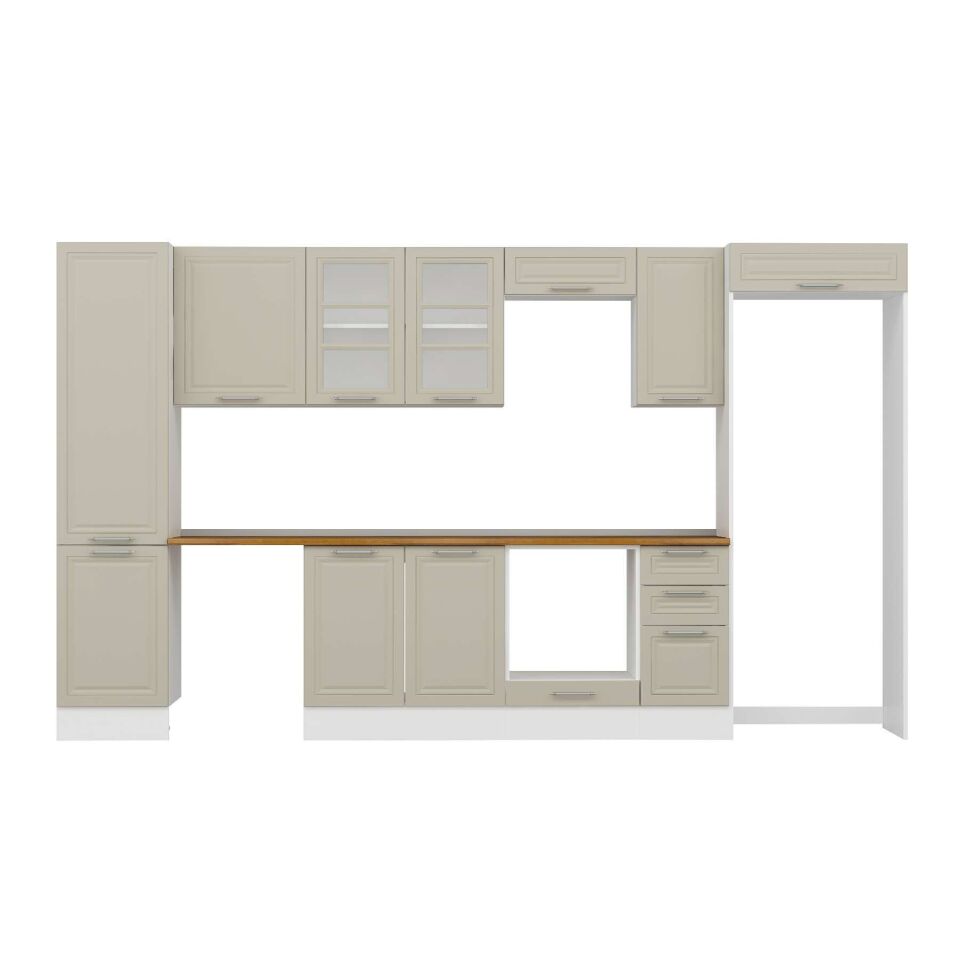 Alvinka 380X222 Cm Klasik Mebran Mutfak Dolabı Mbb-E90B50S40-3 Mebran | Kumtaşı - Mdf