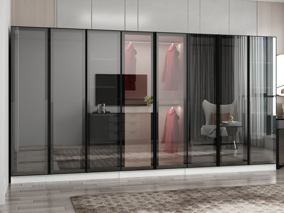 Nisa 8 Kapaklı 4 Çekmece Dolap Beyaz Reflekte Cam