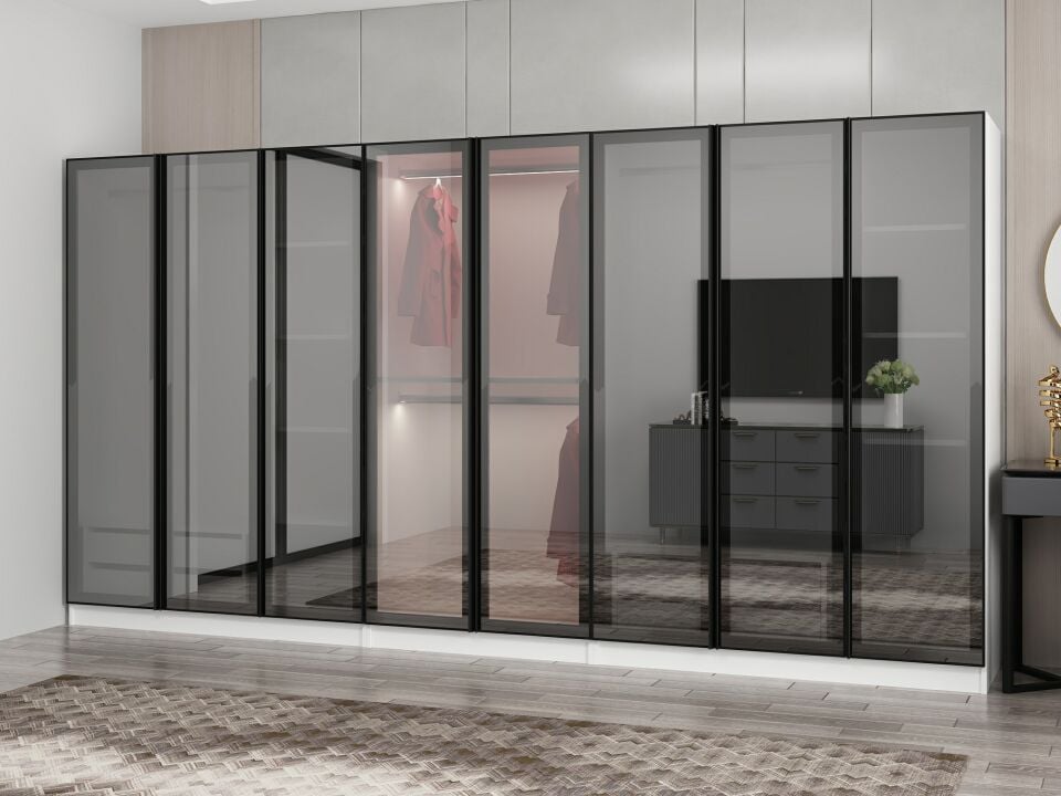 Nisa 8 Kapaklı 4 Çekmece Dolap Beyaz Reflekte Cam