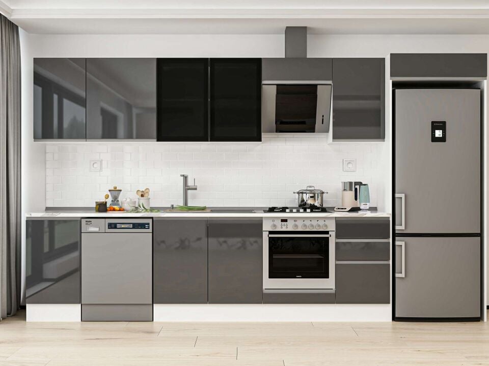 Alvinka 380X222 Cm High Gloss Mutfak Dolabı Mb-E90S45S45-3 High Gloss | Antrasit - Mdf