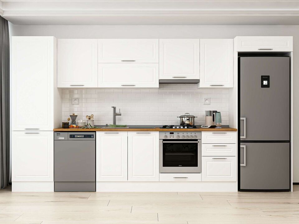 Alvinka 390X222 Cm Klasik Mebran Mutfak Dolabı Beyaz Beyaz Mbb-E80B60S50-1