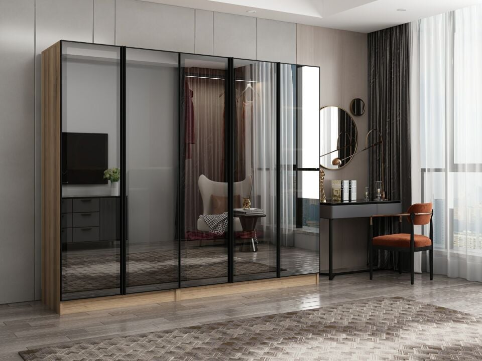 Nisa 5 Kapaklı 2 Çekmece Dolap Dore Reflekte Cam