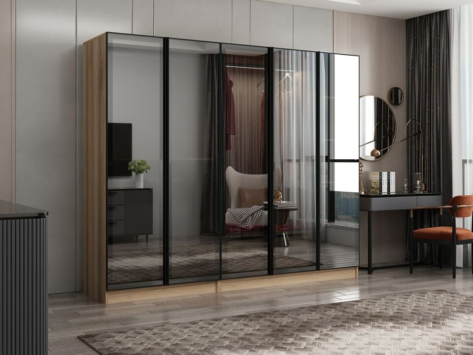 Nisa 5 Kapaklı 2 Çekmece Dolap Dore Reflekte Cam