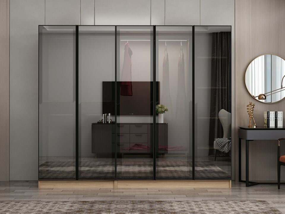 Nisa 5 Kapaklı 2 Çekmece Dolap Dore Reflekte Cam