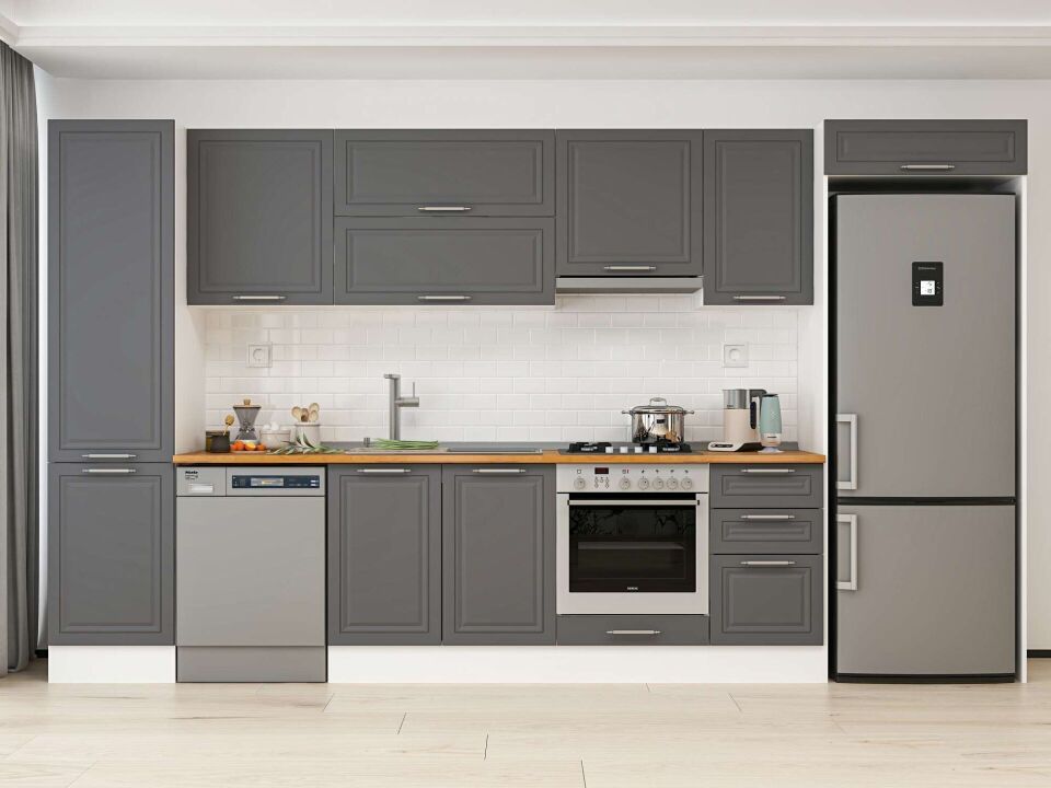 Alvinka 385X222 Cm Klasik Mebran Mutfak Dolabı Mbb-E90B50S45-1 Mebran | Antrasit - Mdf