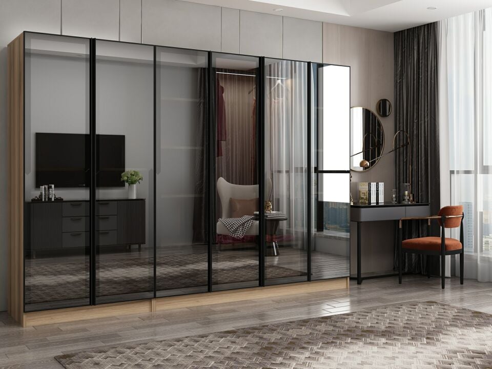 Nisa 6 Kapaklı 2 Çekmece Dolap Dore Reflekte Cam