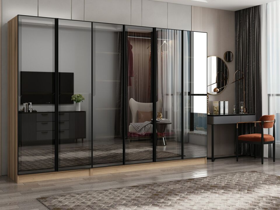 Nisa 6 Kapaklı 2 Çekmece Dolap Dore Reflekte Cam