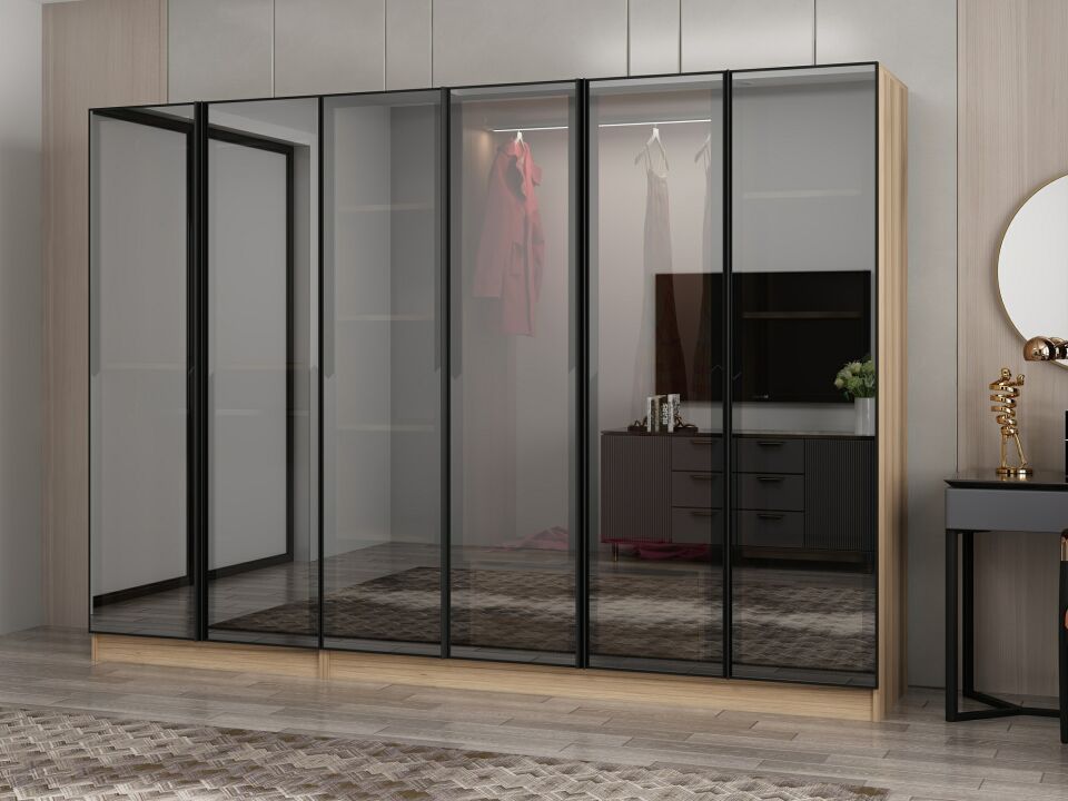 Nisa 6 Kapaklı 2 Çekmece Dolap Dore Reflekte Cam