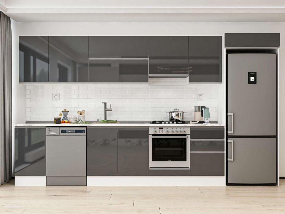 Alvinka 385X222 Cm High Gloss Mutfak Dolabı Mb-E90S45S50-1 High Gloss | Antrasit - Mdf