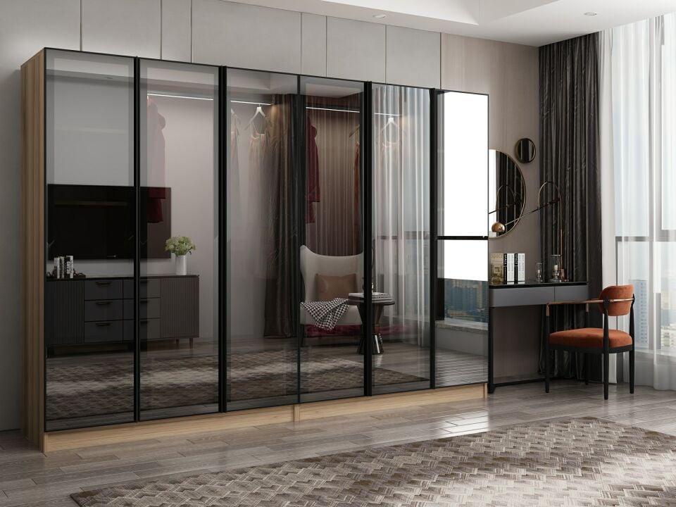 Nisa 6 Kapaklı 4 Çekmece Dolap Dore Reflekte Cam