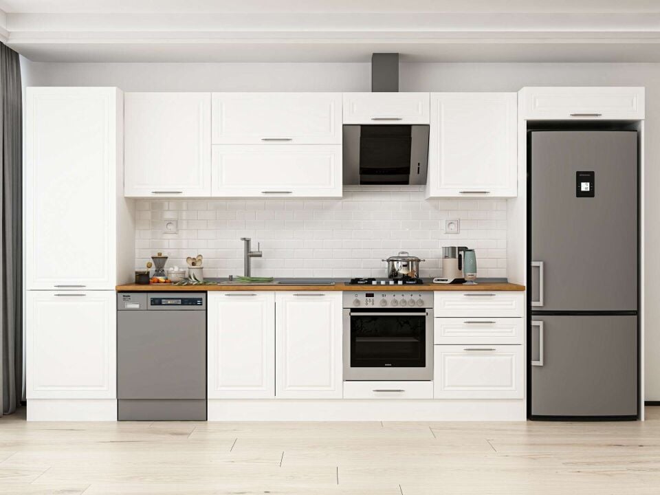Alvinka 400X222 Cm Klasik Mebran Mutfak Dolabı Beyaz Beyaz Mbb-E80B60S60-2