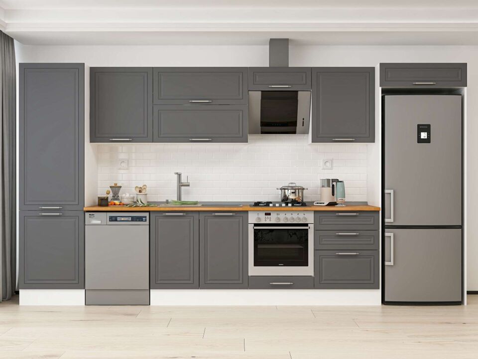Alvinka 400X222 Cm Klasik Mebran Mutfak Dolabı Beyaz Beyaz Mbb-E80B60S60-2
