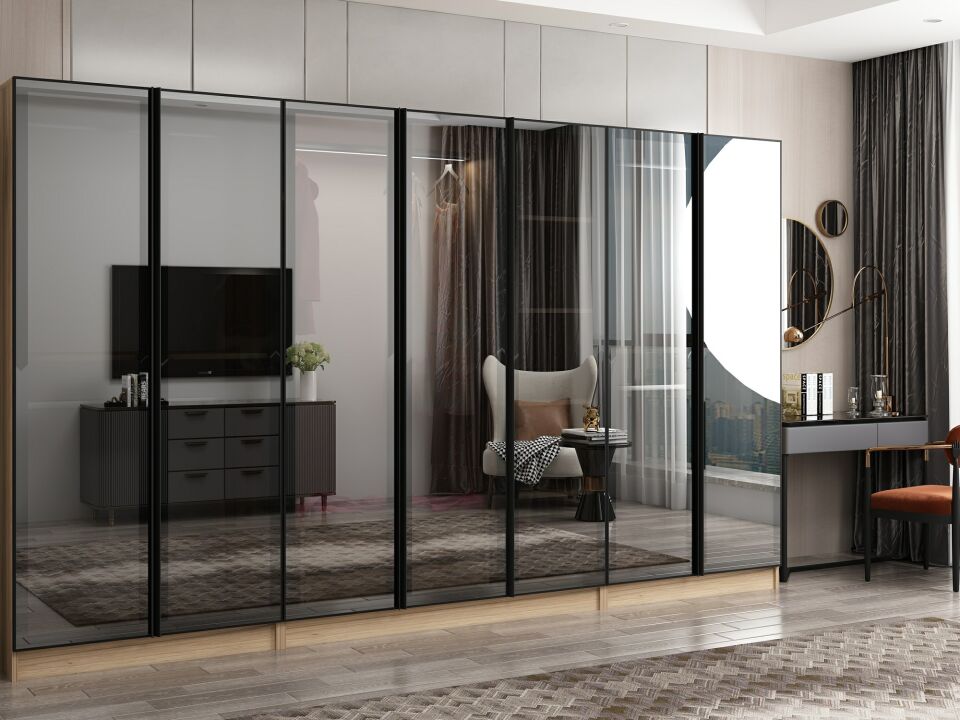 Nisa 7 Kapaklı 2 Çekmece Dolap Dore Reflekte Cam