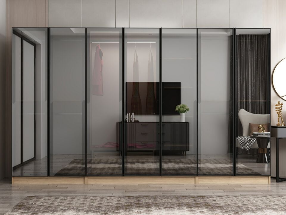 Nisa 7 Kapaklı 2 Çekmece Dolap Dore Reflekte Cam