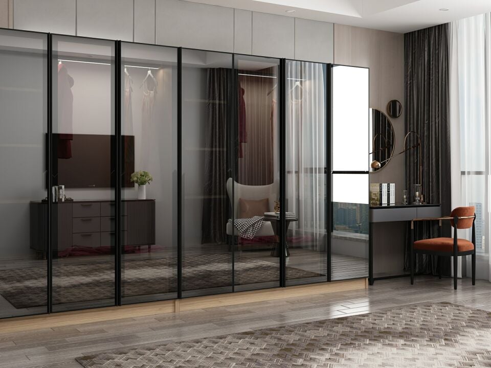 Nisa 7 Kapaklı 4 Çekmece Dolap Dore Reflekte Cam