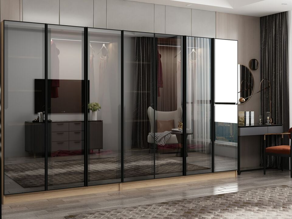 Nisa 7 Kapaklı 4 Çekmece Dolap Dore Reflekte Cam